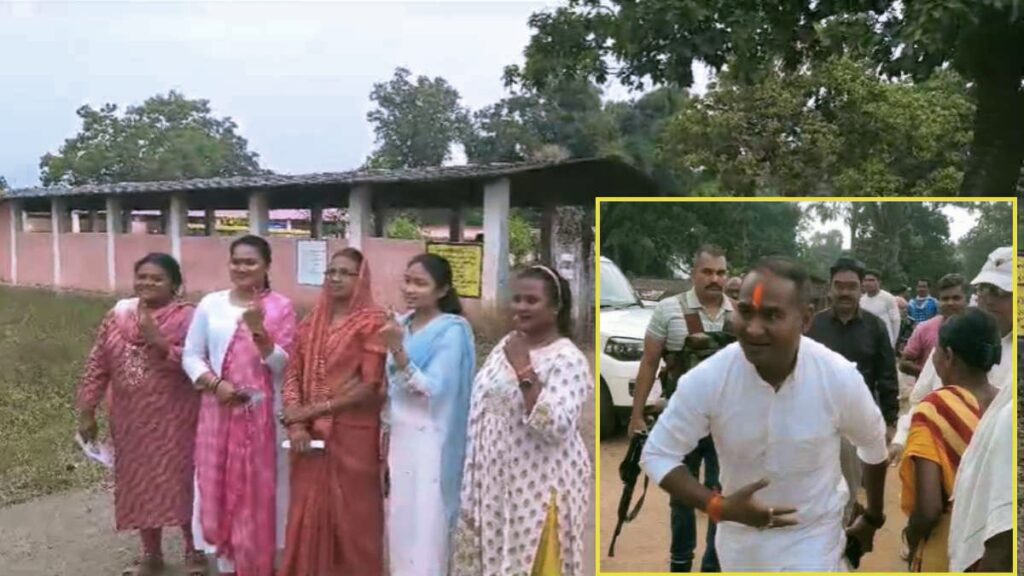 दंतेवाड़ा से कांग्रेस प्रत्याशी छविंद्र कर्मा परिवार के साथ वोट डालने पहुंचे मतदान केंद्र